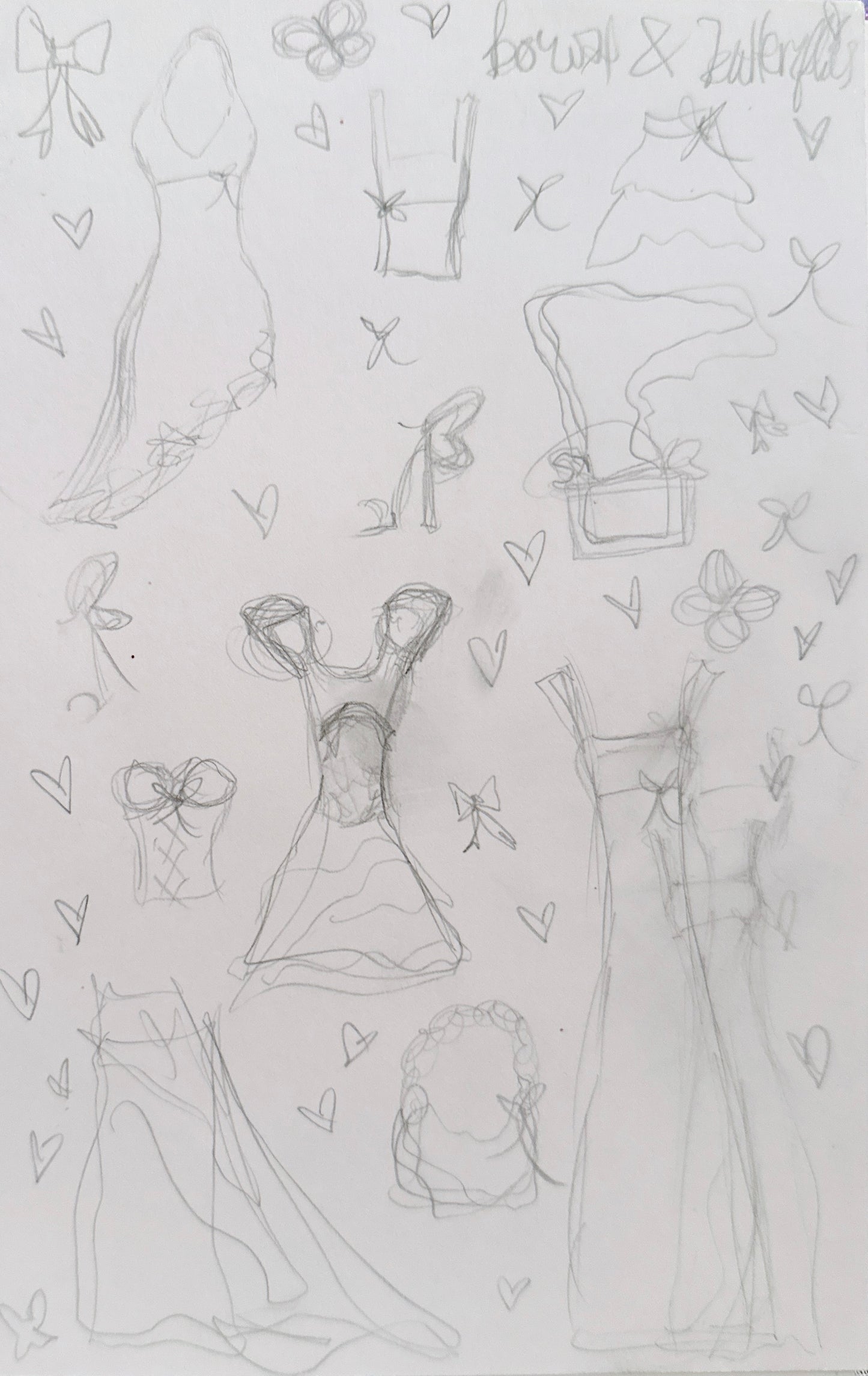 Pace Katherine Original Fashion Design Rough Draft Pencil Planning Sketches~Bows & Butterflies~Line