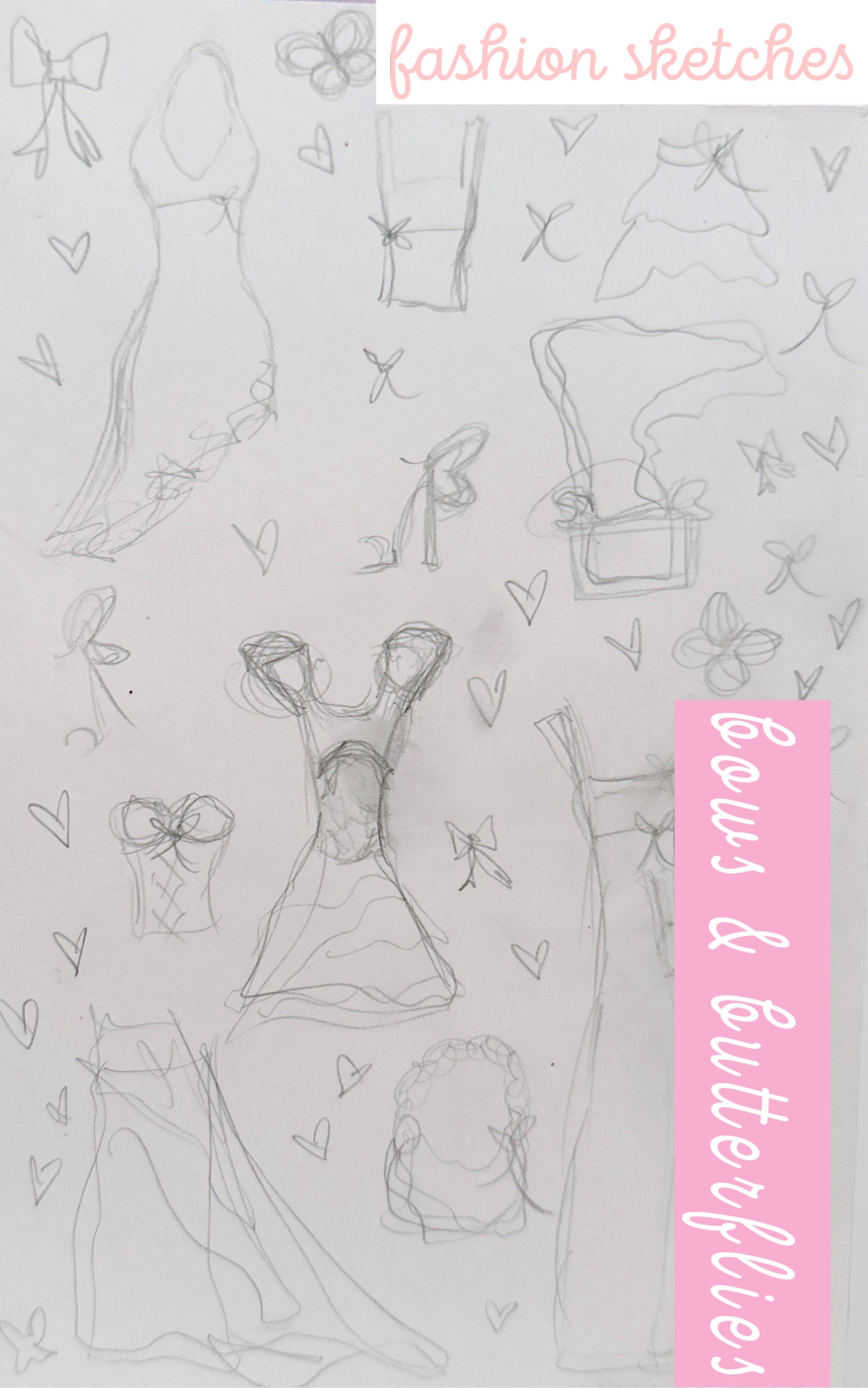 Pace Katherine Original Fashion Design Rough Draft Pencil Planning Sketches~Bows & Butterflies~Line